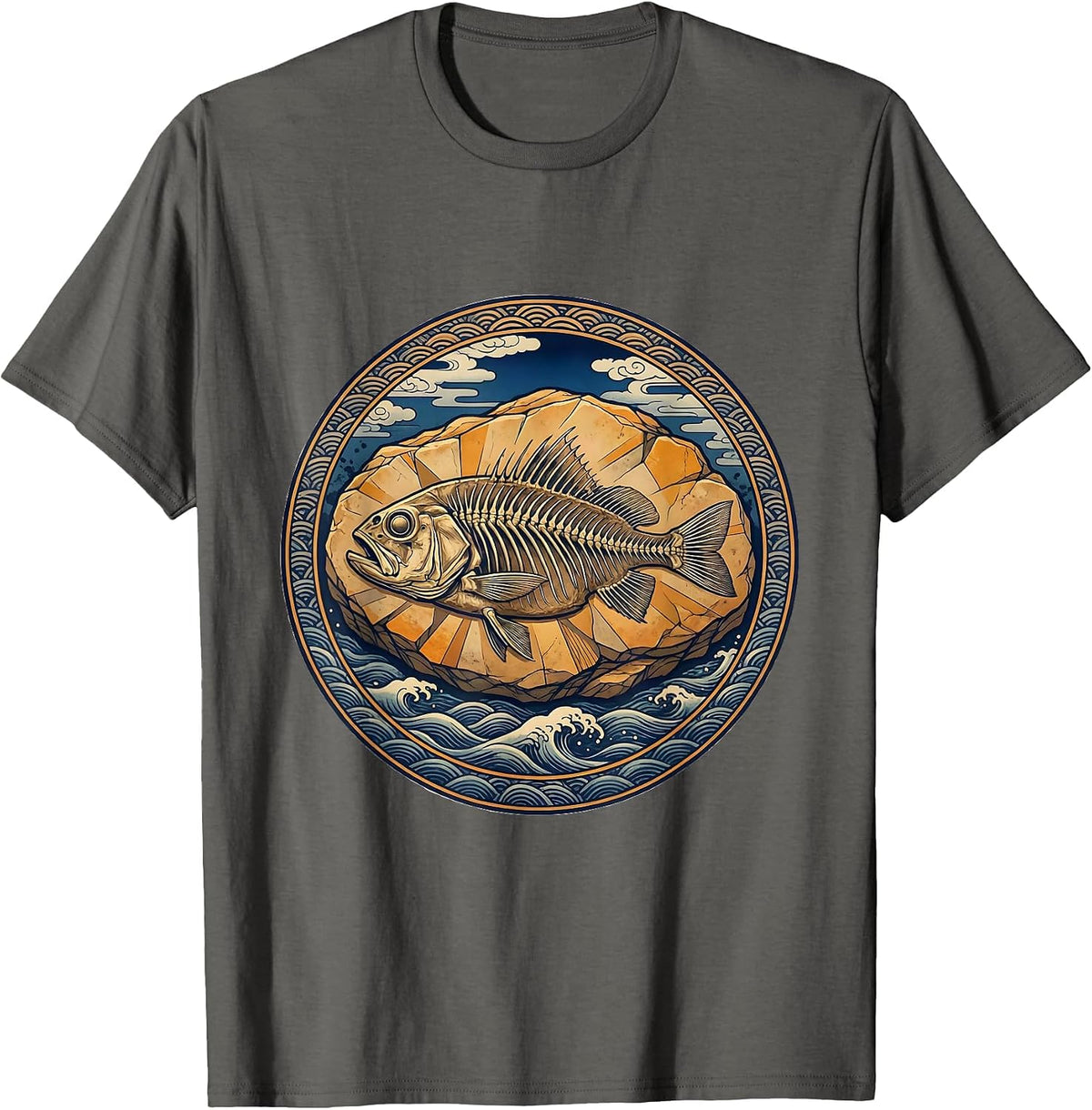 Skeletal Fish Fossil Stone Slab Graphic Tee T-Shirt - Asphalt Grey