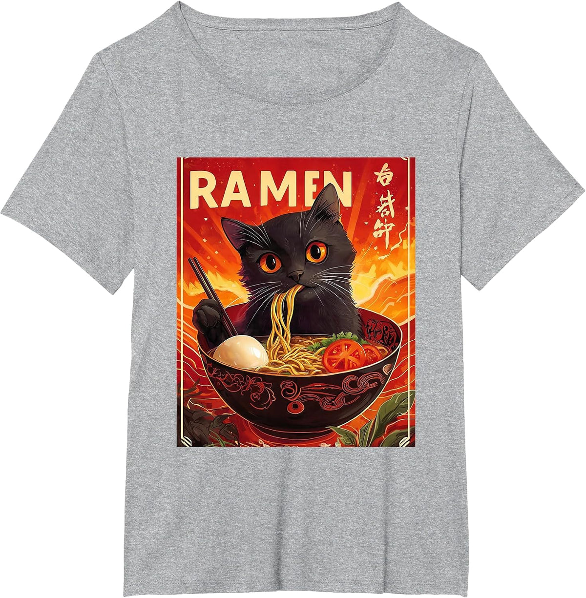 Cat eats Ramen Japan Japanese Anime Kawaii Funny Graphic T-Shirt - Heather Grey