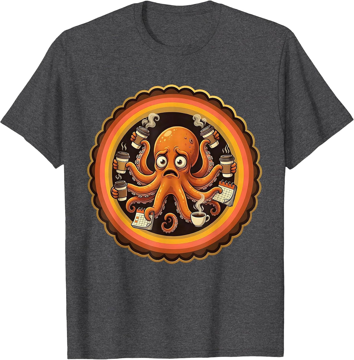 Stressed Octopus Juggling Coffee and Calendars T-Shirt - Dark Heather Grey