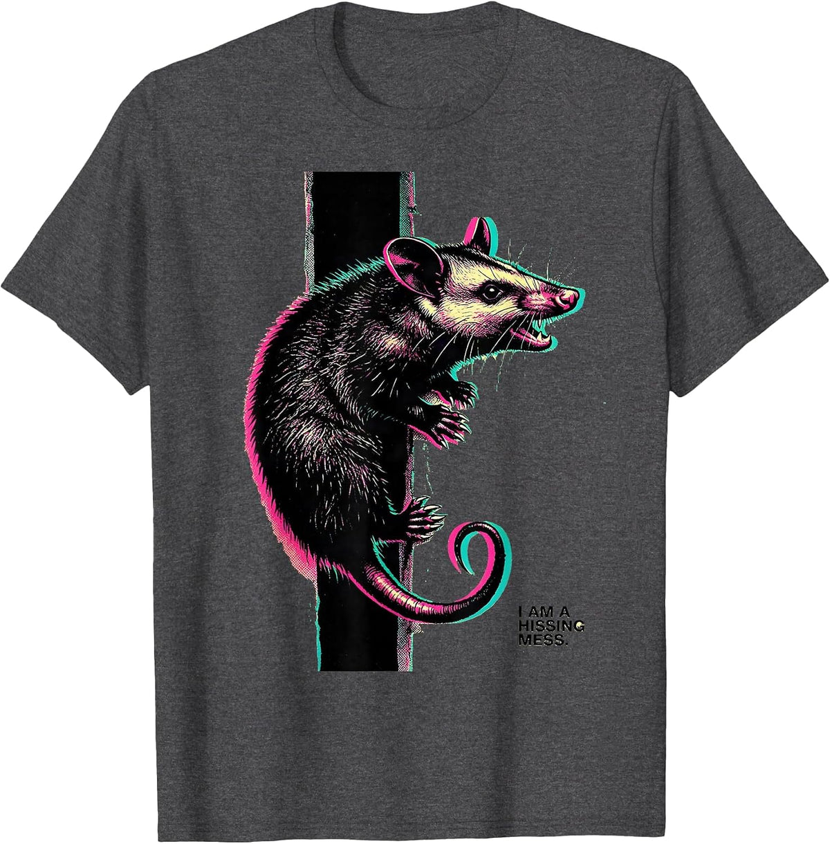 Men's I Am A Hissing Mess Risograph Opossum Meme Absurdist Humor T-Shirt - Dark Heather Grey