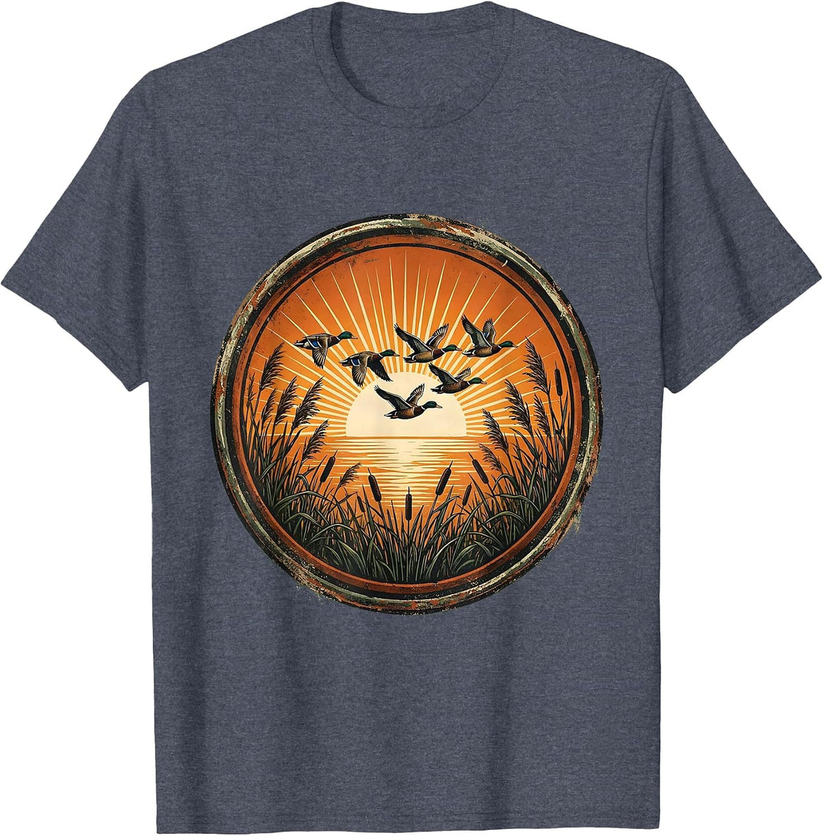 Duck Camo V-Formation Sunrise Flying Ducks T-Shirt - Heather Blue