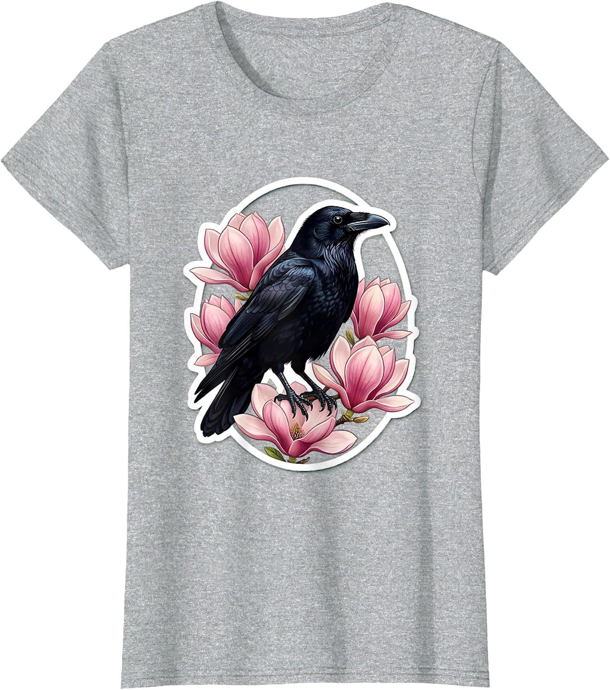 Crow and Magnolia Blossoms Nature Art Design T-Shirt - Heather Grey