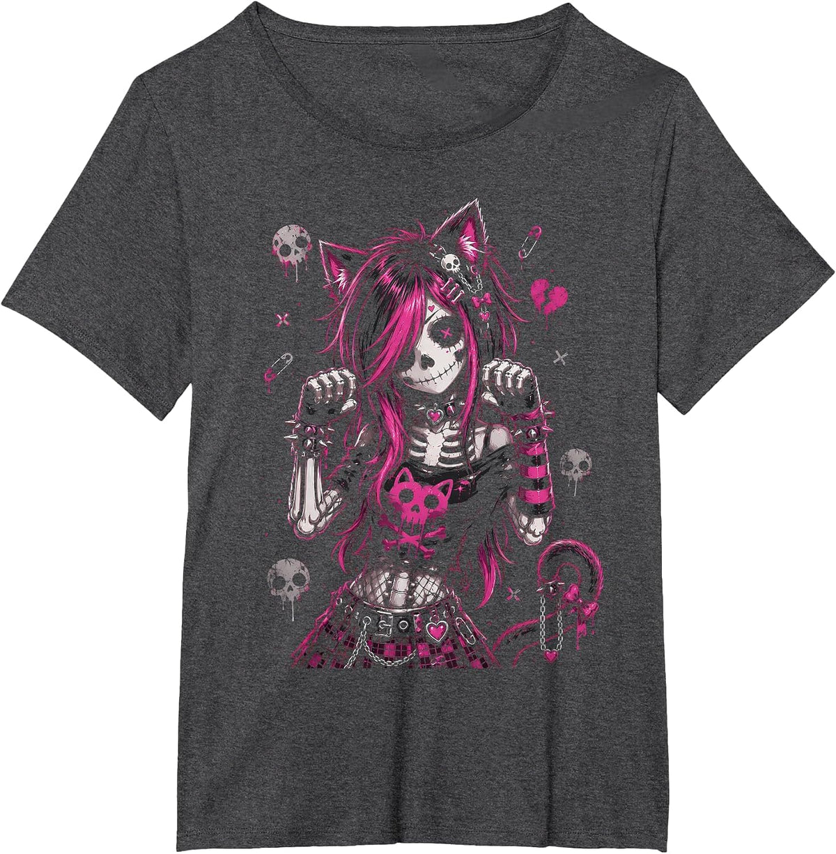 Emo Skeleton Cat Girl Pink Goth Aesthetic Rock Design T-Shirt - Dark Heather Grey