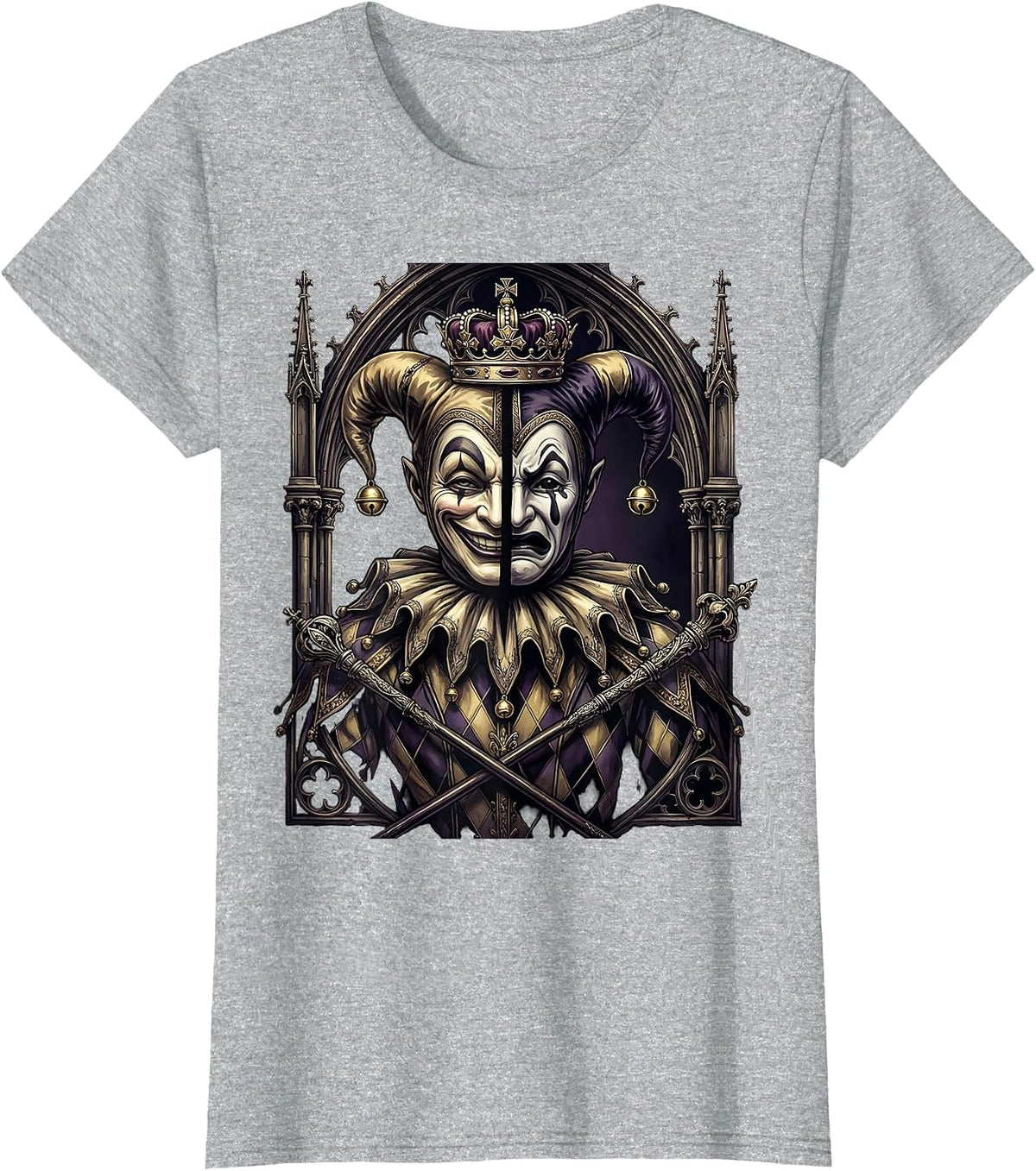 Mardi Gras Two-Headed Royal Jester Design T-Shirt - Heather Grey