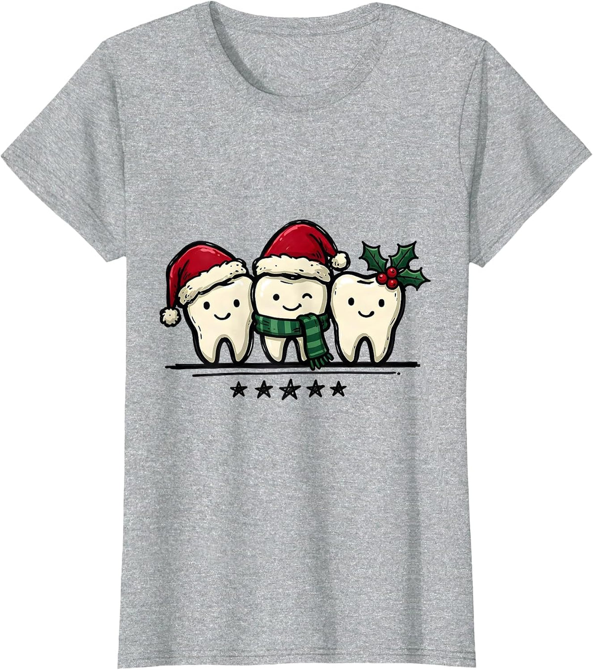 Women's Three Teeth Dental Christmas Staff Humor Crew T-Shirt - Heather Grey