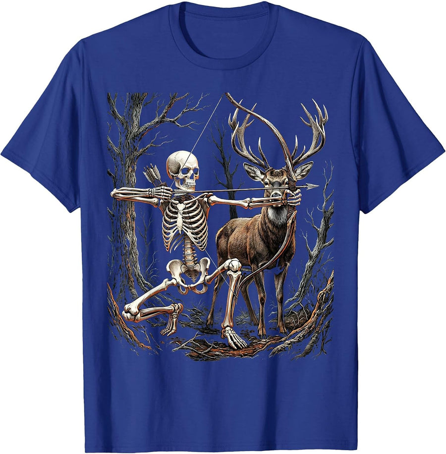 Skeleton Hunter Archery Bow Deer Hunting Graphic T-Shirt - Royal Blue