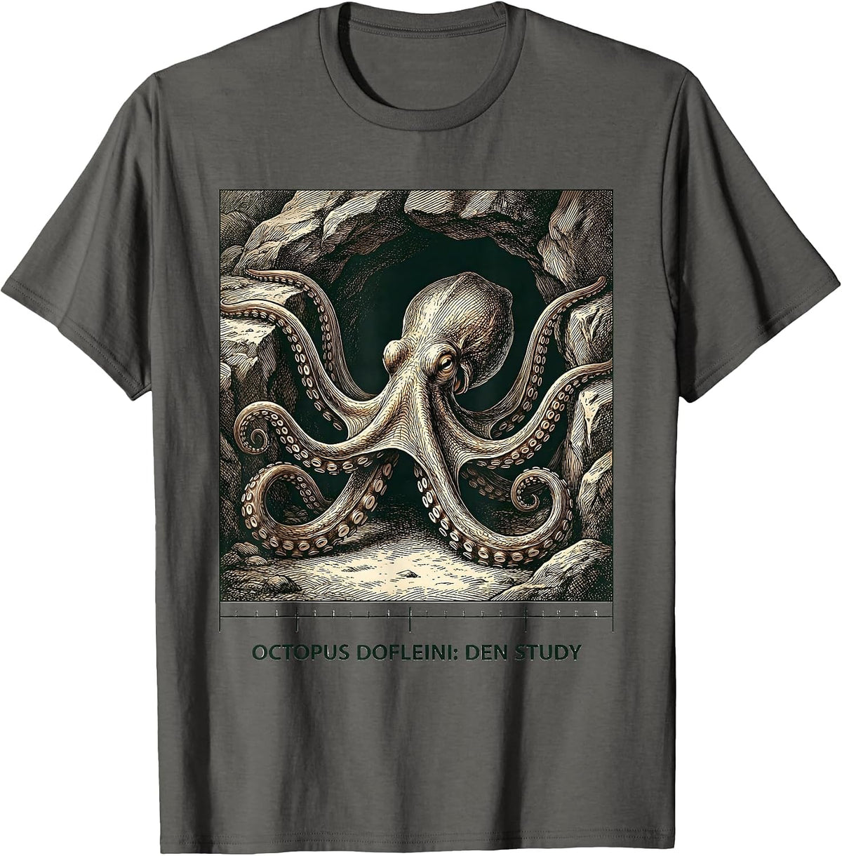 Men's Octopus Dofleini Den Study Vintage Marine Biology Octopus T-Shirt - Asphalt Grey