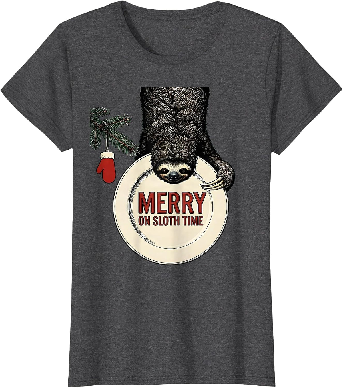Women's Merry On Sloth Time Funny Sloth Lover Christmas Ugly Sweater T-Shirt - Dark Heather Grey
