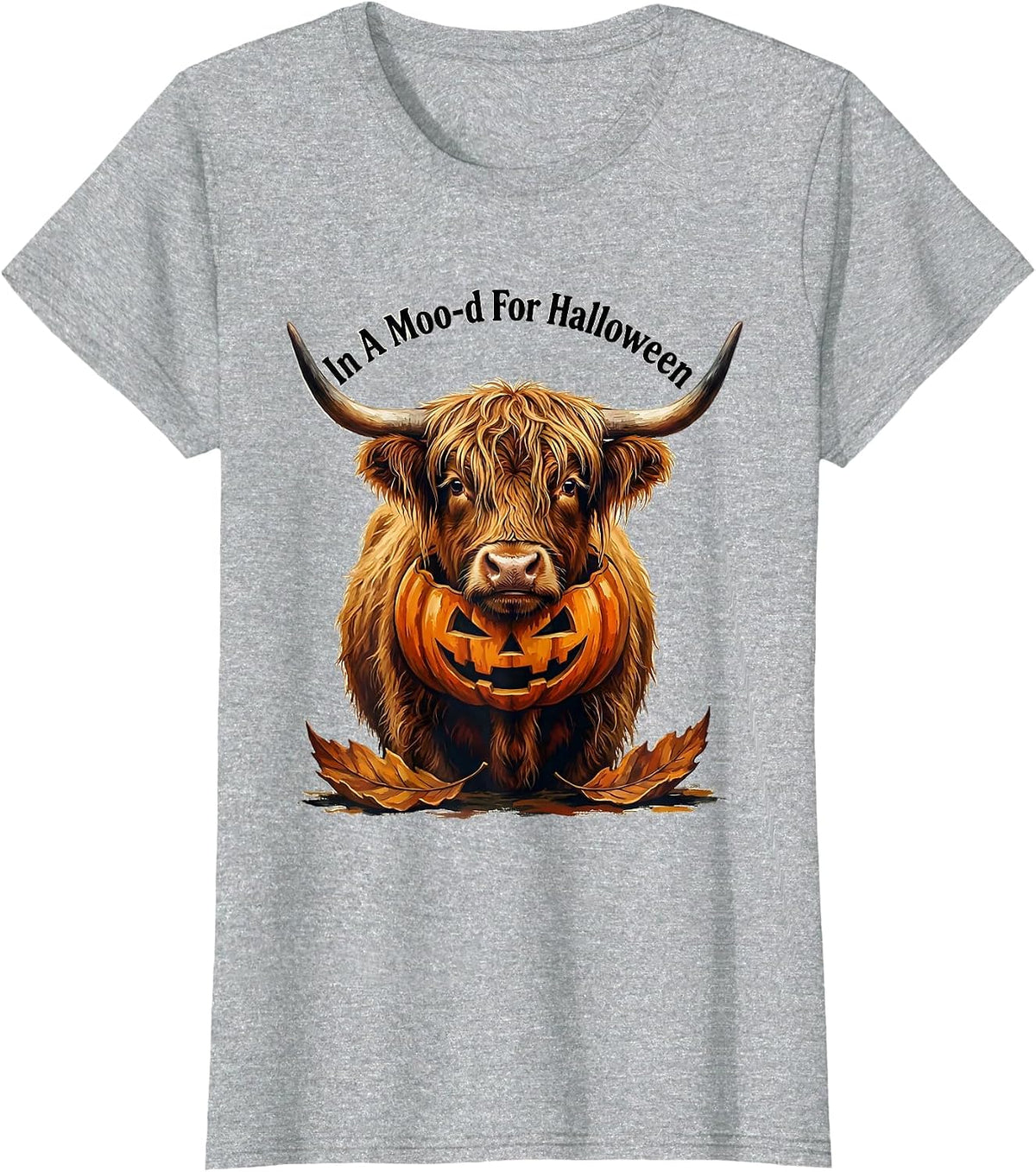 In A Moo-d For Halloween Funny Highland Cow Halloween T-Shirt - Heather Grey