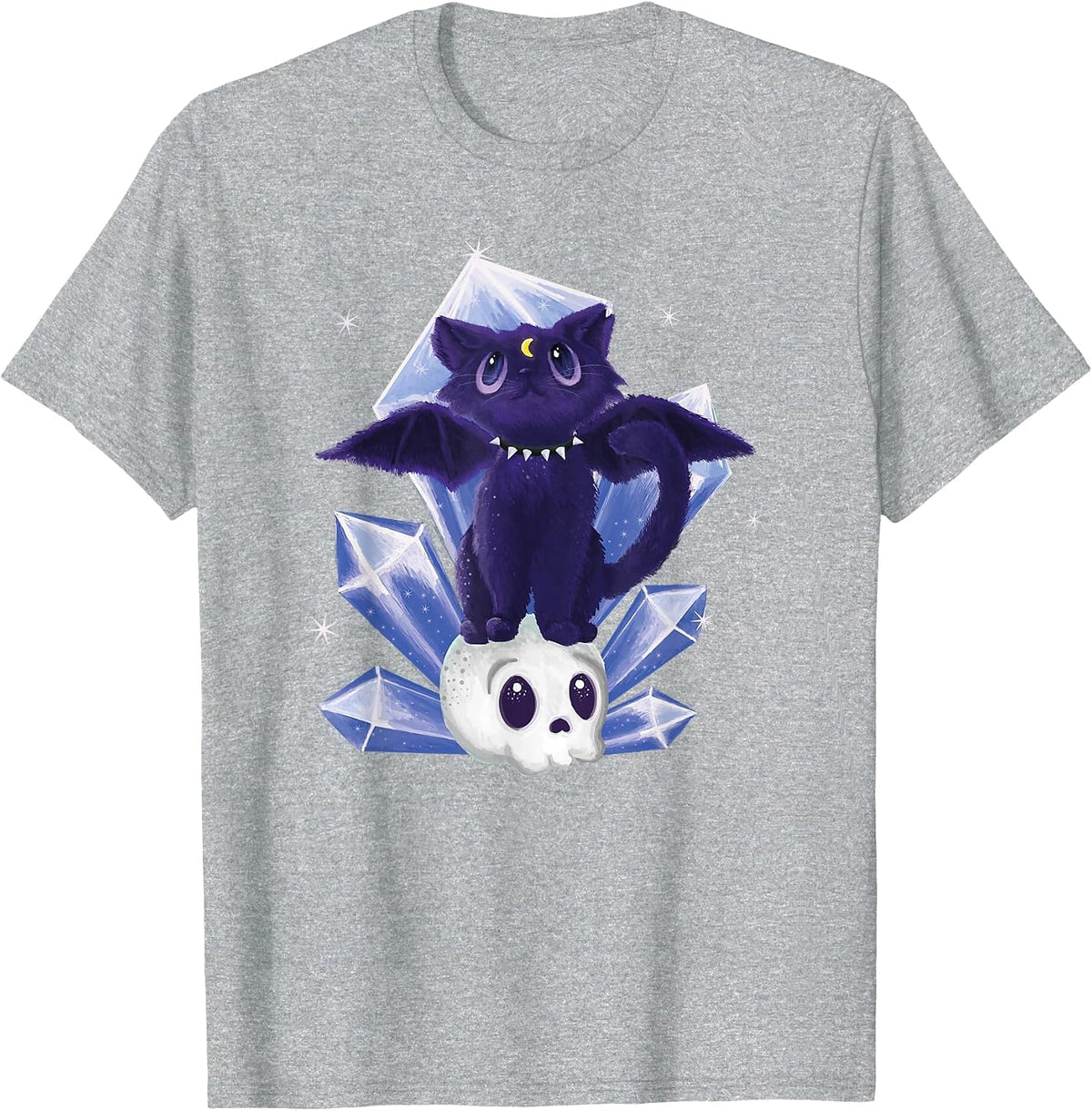 Kawaii Pastel Goth Cute Creepy Witchy Cat and Skull T-Shirt - Heather Grey