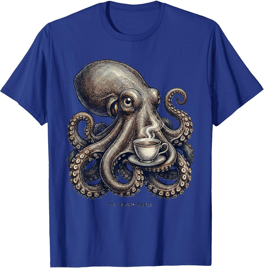 My Deep Mind Vintage Crosshatch Octopus Sea Creature Lover T-Shirt - Royal Blue