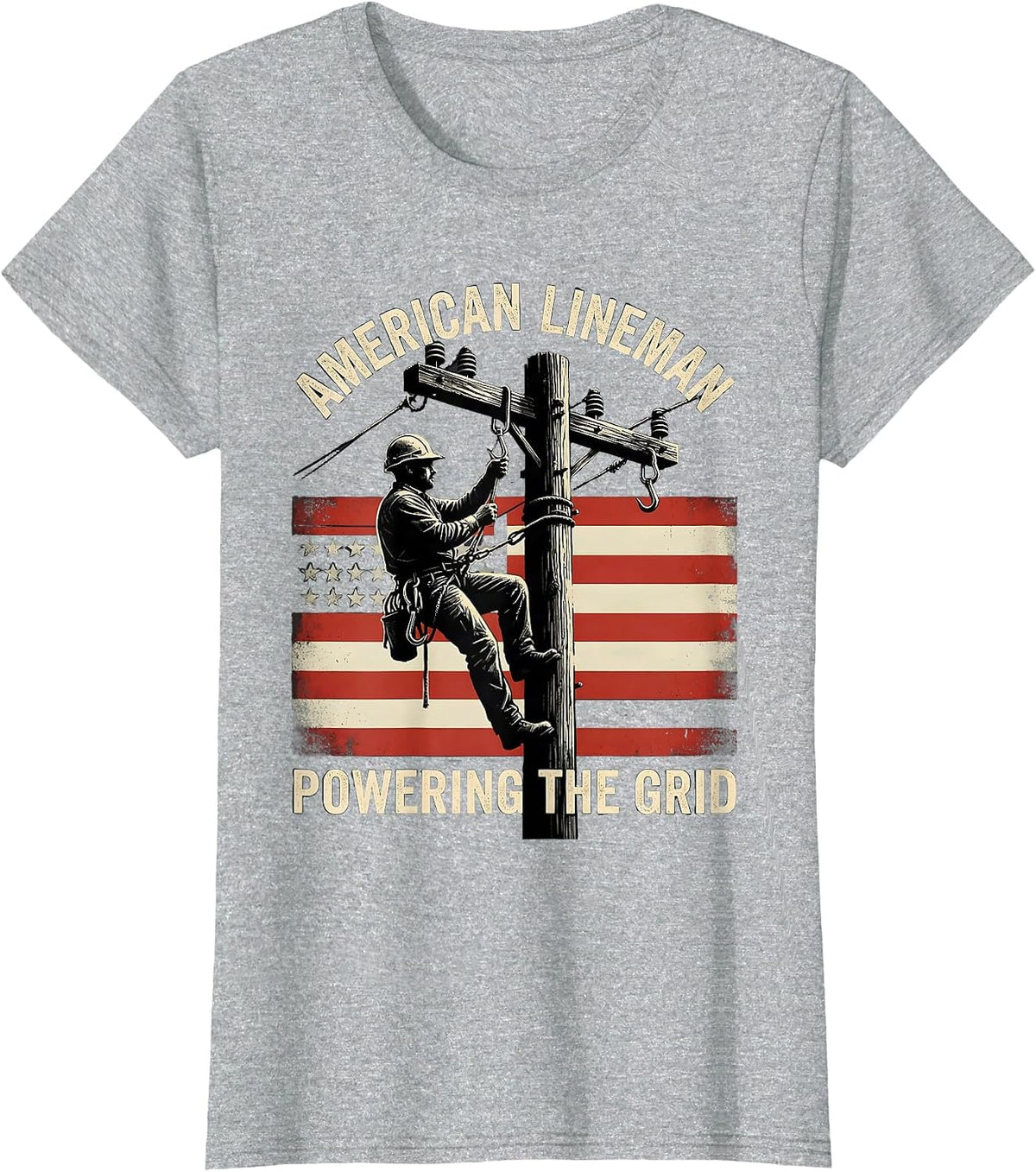 Women's American Lineman Powering the Grid Distressed Electrician T-Shirt - Heather Grey