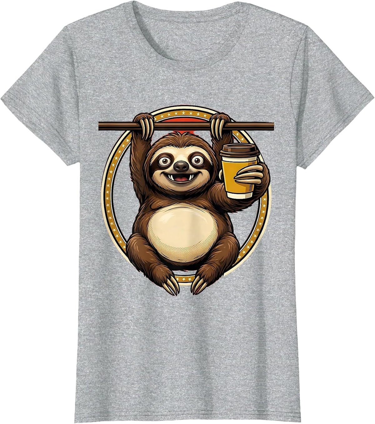Women's Funny Sloth Hanging With Coffee Graphic T-Shirt - Heather Grey