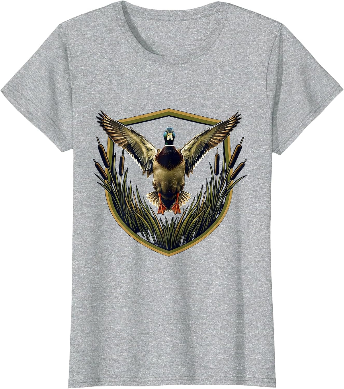 Youth Camo Duck Flying Over Marsh Reeds T-Shirt - Heather Grey