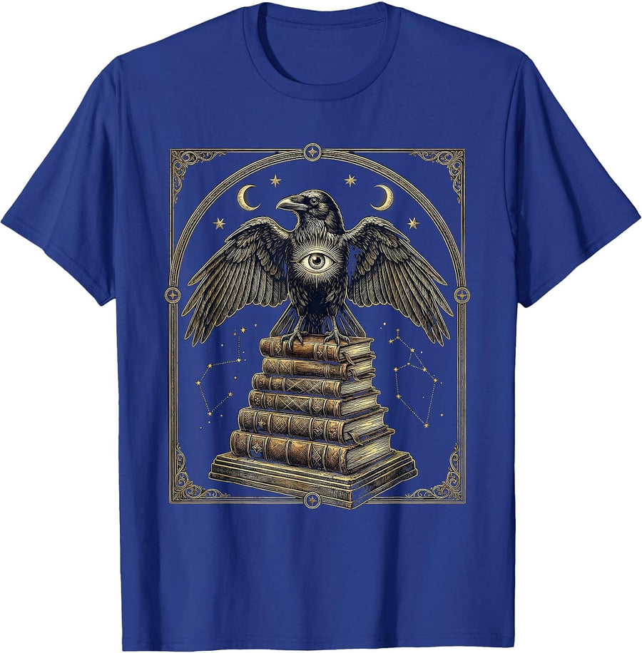 Crow on Stacked Old Books Illustration T-Shirt - Royal Blue