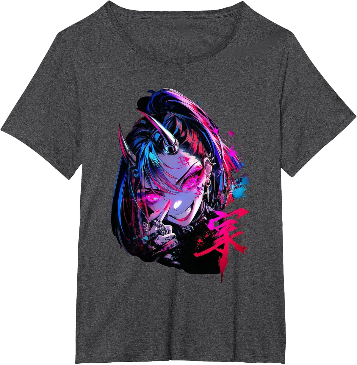 Goth Grunge Demon Anime Girl Waifu Horror Old Aesthetic T-Shirt - Dark Heather Grey