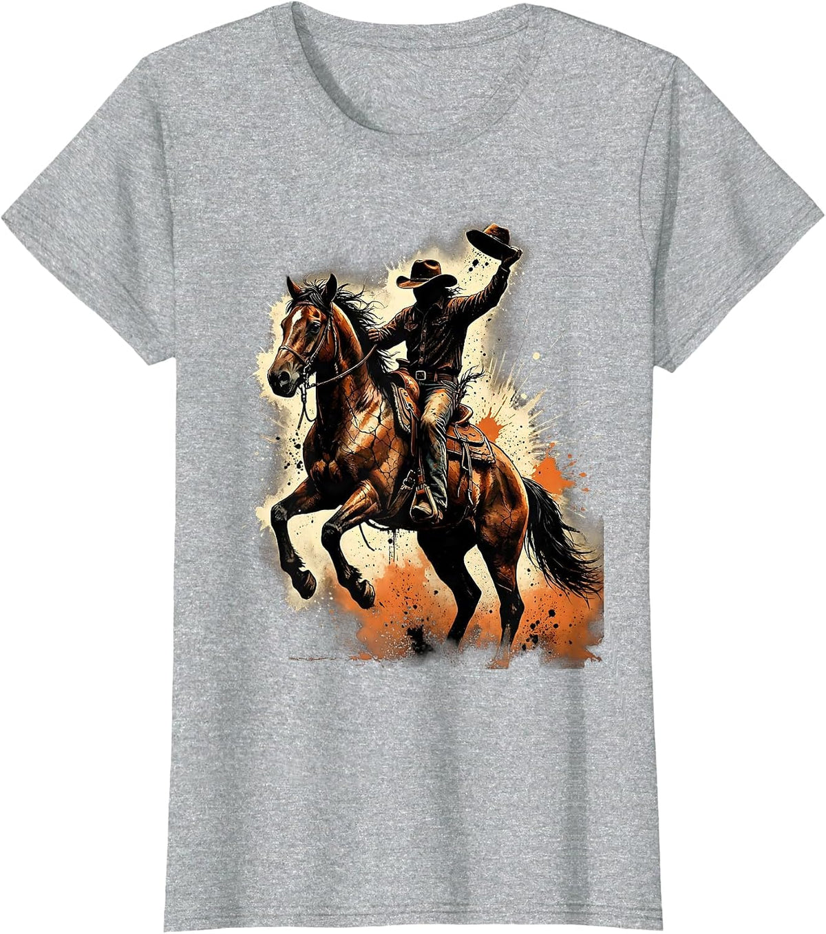 Cowboy Riding Bucking Bronco Rodeo Graphic T-Shirt - Heather Grey