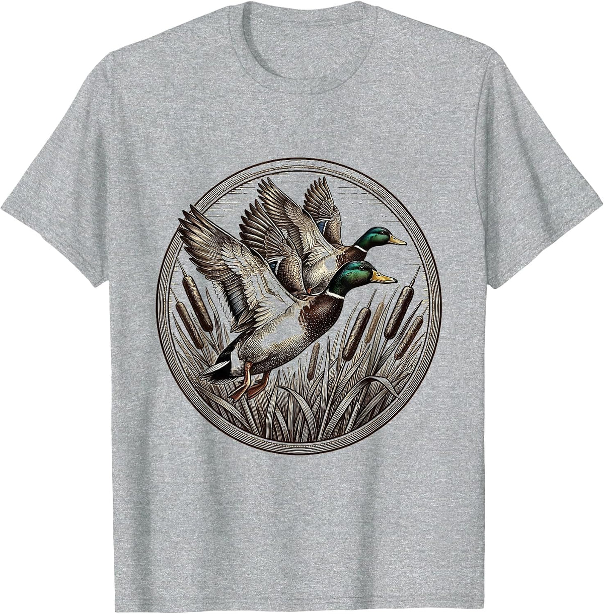 Men's Duck Flying V-Formation Over Cattails Illustration T-Shirt - Heather Grey