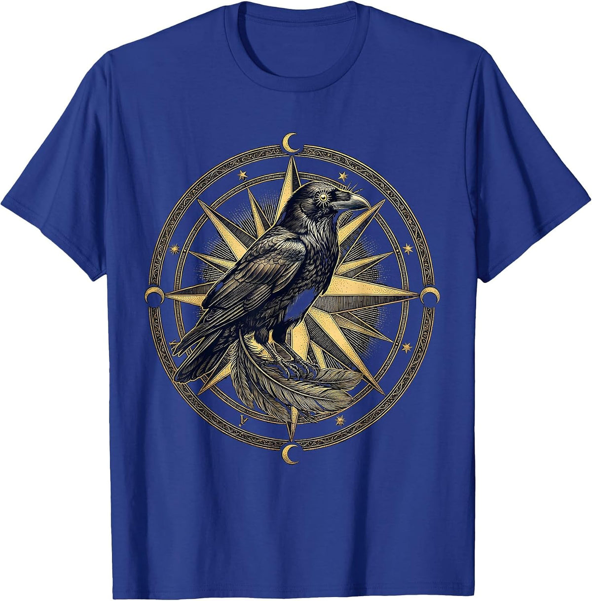 Crow on Vintage Compass Rose Illustration T-Shirt - Royal Blue