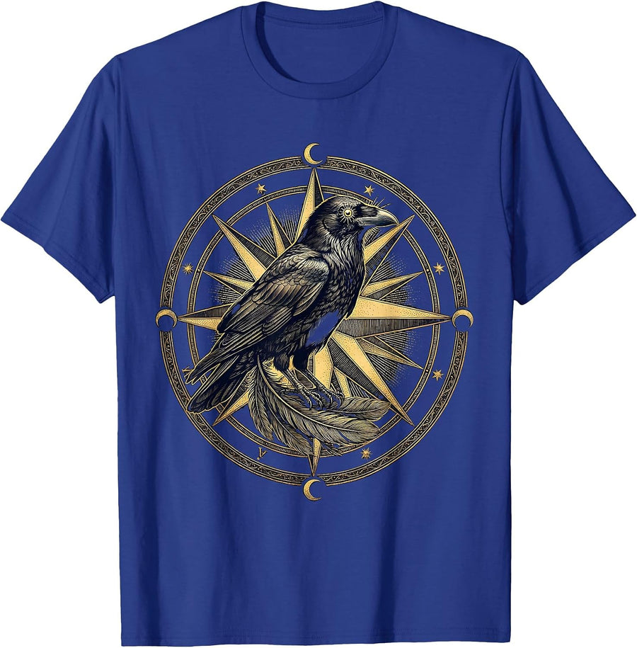 Crow on Vintage Compass Rose Illustration T-Shirt - Royal Blue