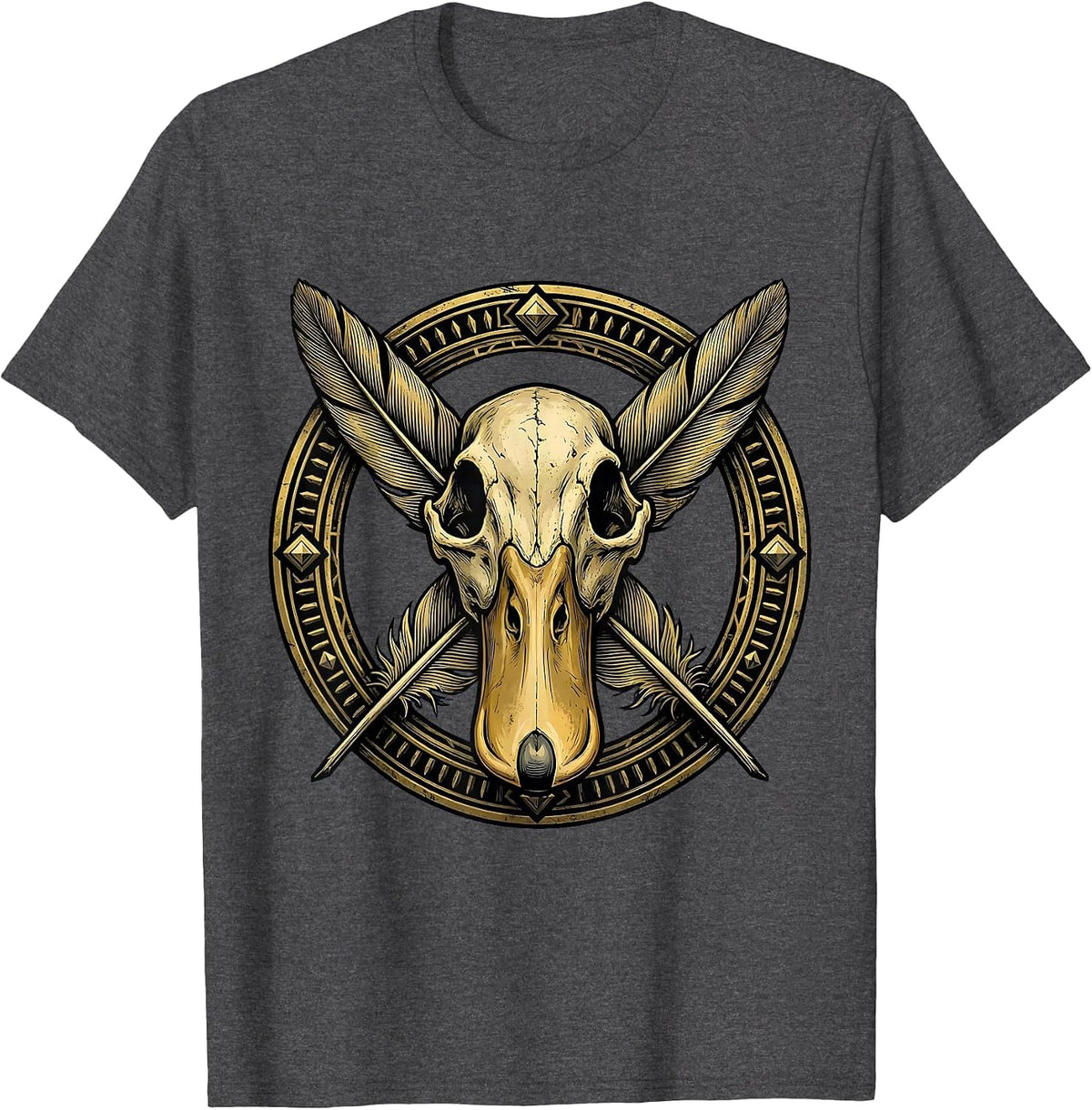 Duck Skull Crossed Feathers Dark Graphic Design T-Shirt - Dark Heather Grey