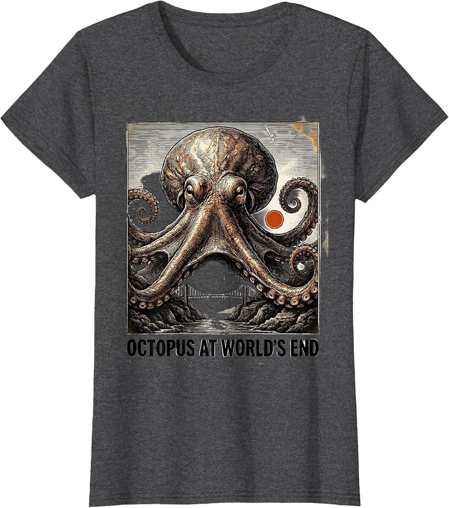 Women's Octopus at World's End Antique Plate-Illustration Octopus T-Shirt - Dark Heather Grey