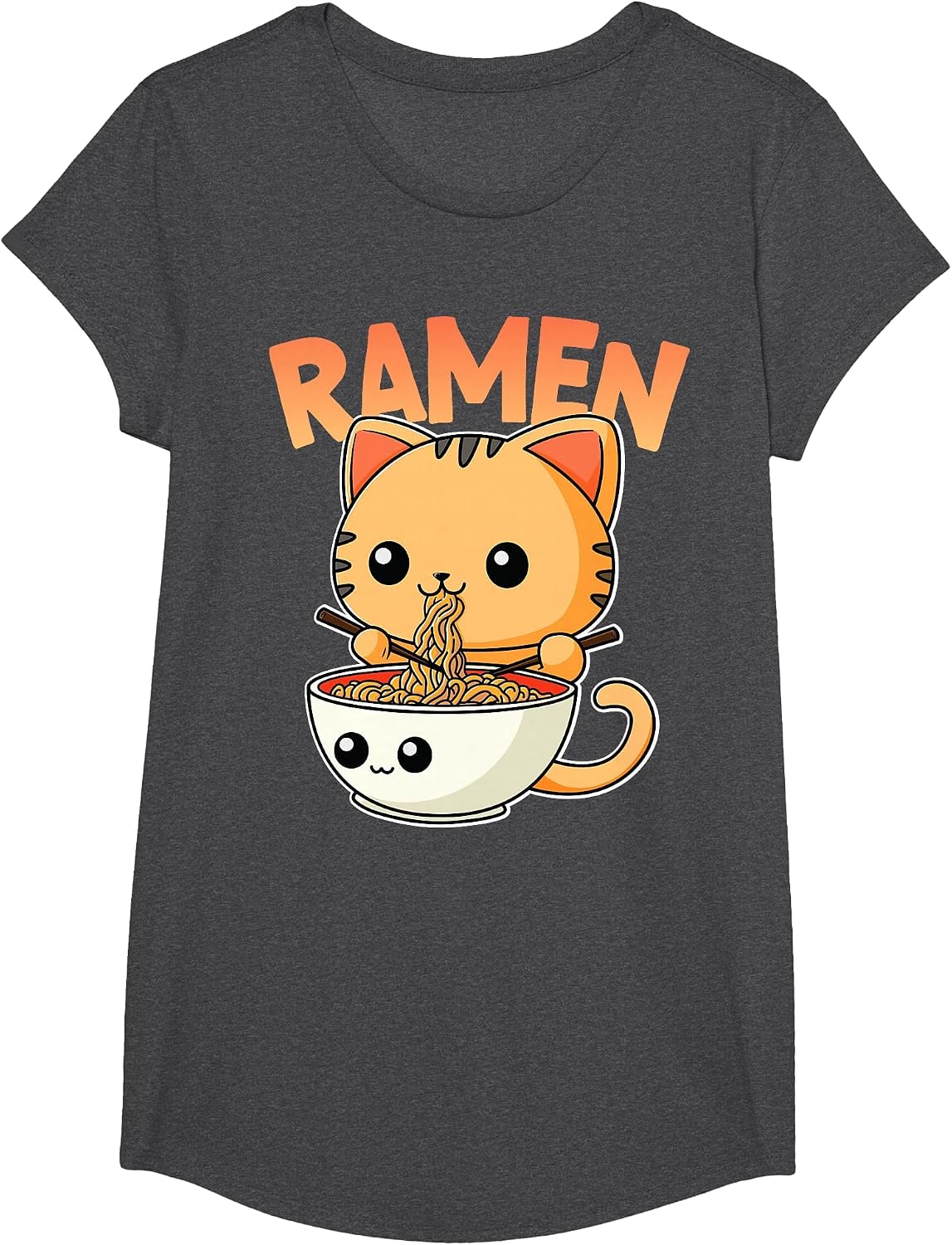 Kawaii Cat Eating Ramen - Cute Kitty T-Shirt - Girls Dark Heather Grey