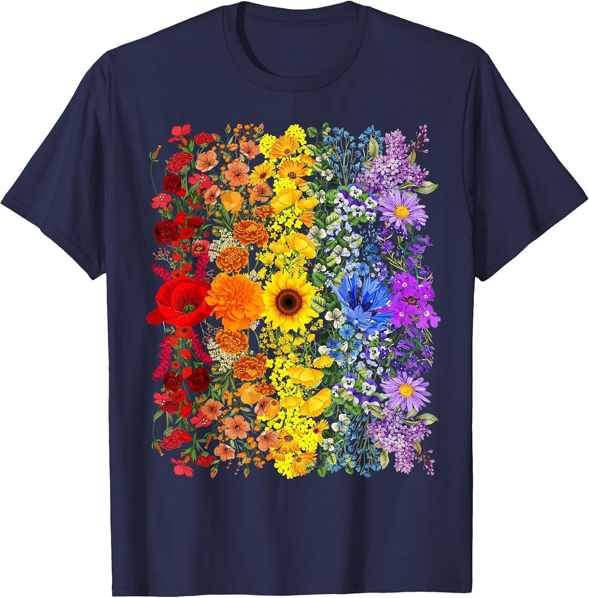 Rainbow Wildflowers Field Flowers LGBTQ Month Pride Month T-Shirt - Navy Blue