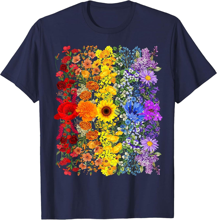 Rainbow Wildflowers Field Flowers LGBTQ Month Pride Month T-Shirt - Navy Blue