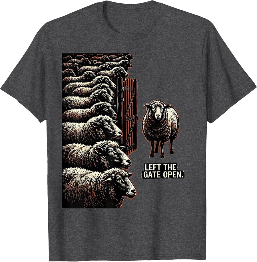 Men's Left The Gate Open Funny Sheep Humor Farm Animal GOAT T-Shirt - Dark Heather Grey