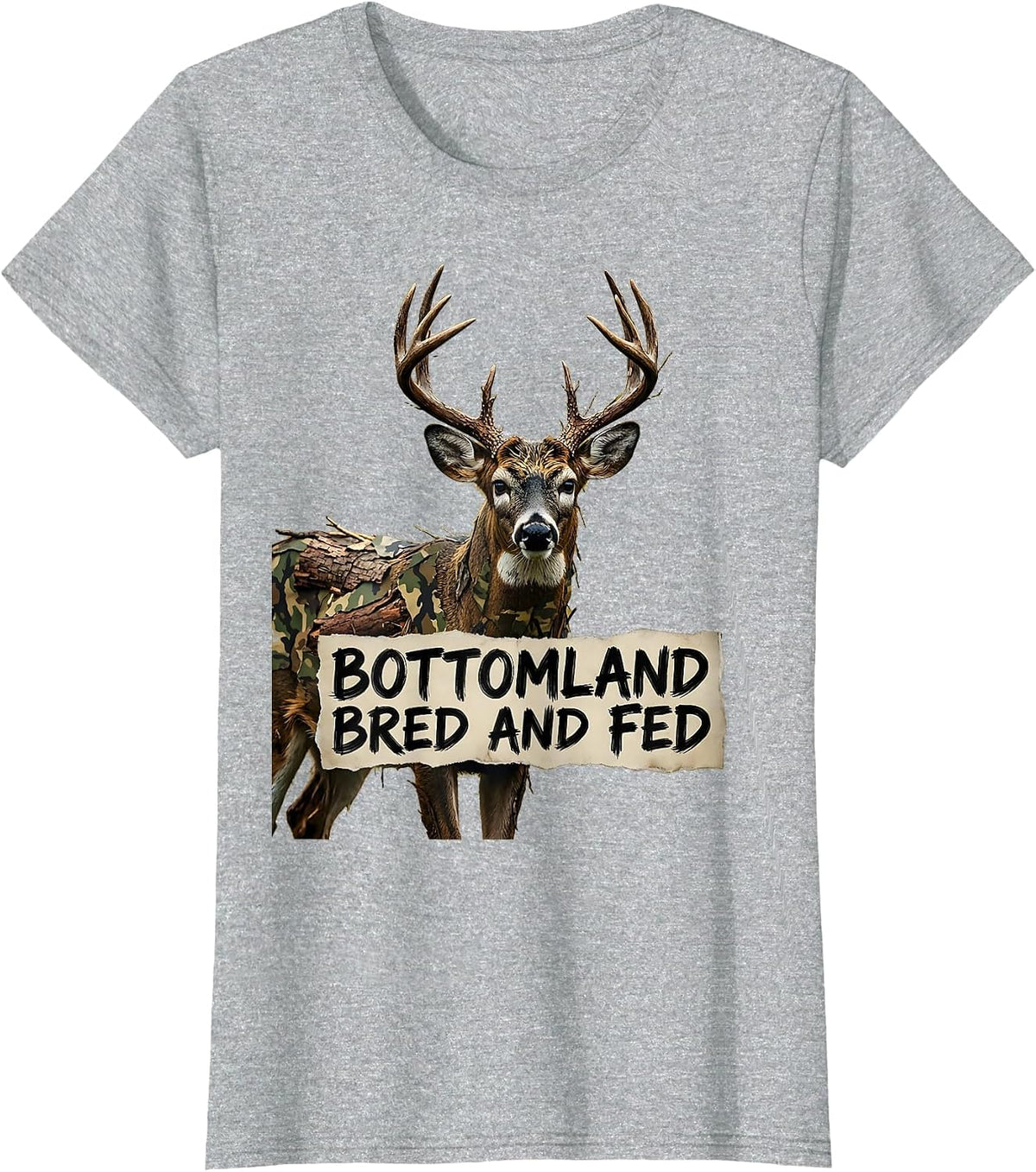 Women's Bottomland Bred and Fed Camo Hunting Design T-Shirt - Heather Grey
