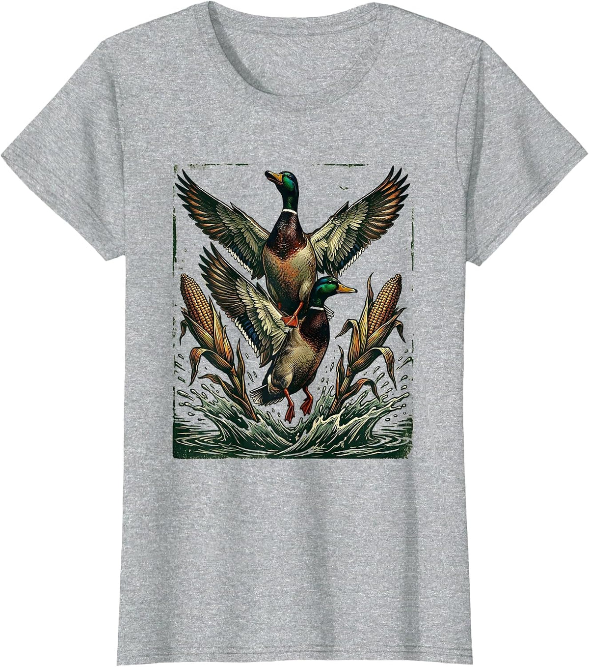 Bottomland Camo Mallards Flushing Flooded Corn T-Shirt - Heather Grey