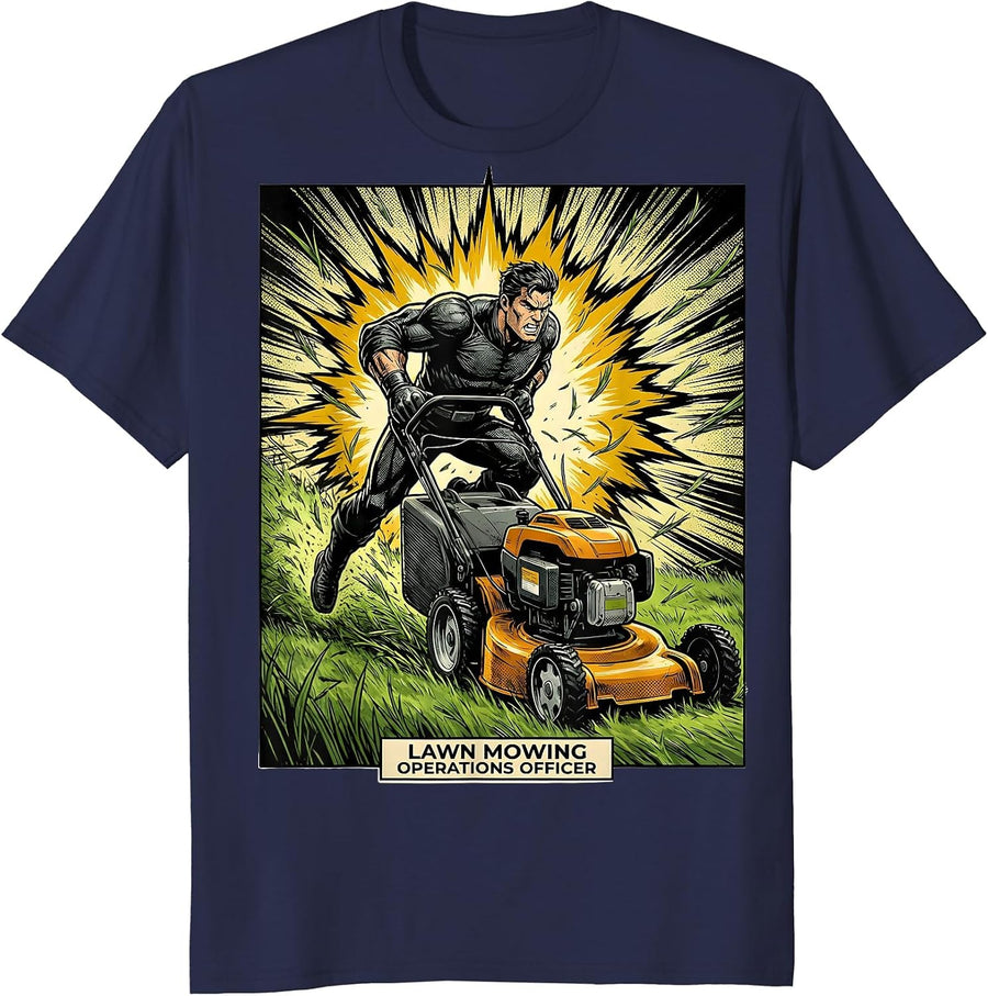 Lawn Mowing Operations Officer Comic Book Funny Dad Gift T-Shirt - Navy Blue