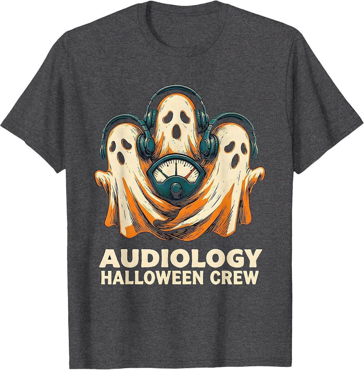 Audiology Halloween Crew Linocut Medical Worker Boo Crew T-Shirt - Dark Heather Grey