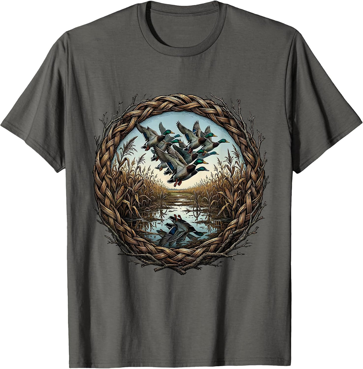 Men's Teal Duck Flooded Cornfield Bottomland Camo T-Shirt - Asphalt Grey