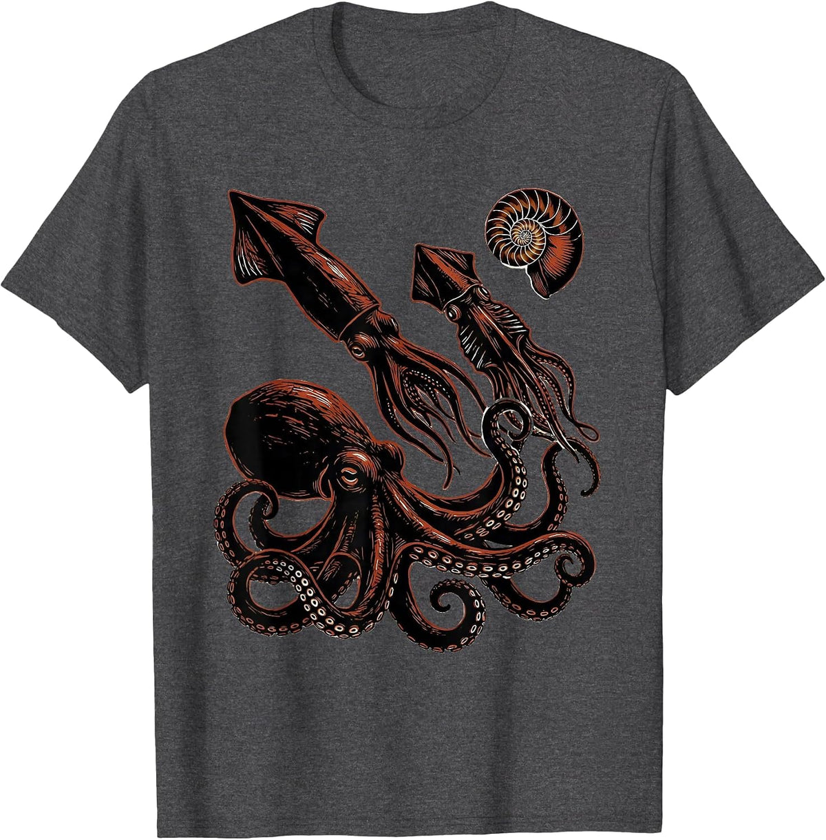Cephalopod Silhouettes Linocut Octopus Lover Marine Biology T-Shirt - Dark Heather Grey