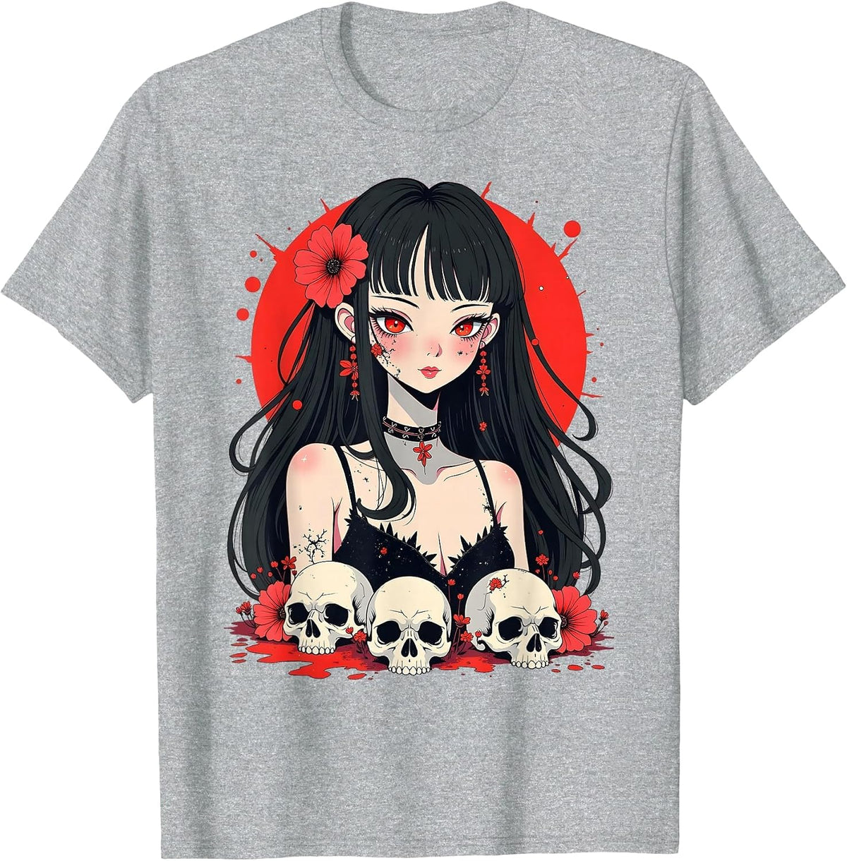Horror Anime Girl, Aesthetic Japanese Creepy Kawaii Goth T-Shirt - Heather Grey