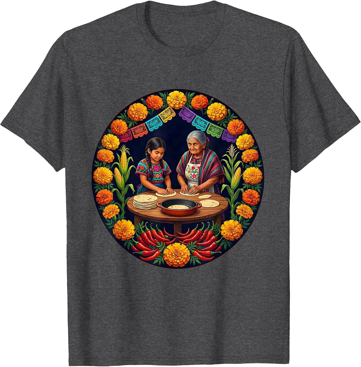 Mexican Girl Making Tortillas With Abuela T-Shirt - Dark Heather Grey