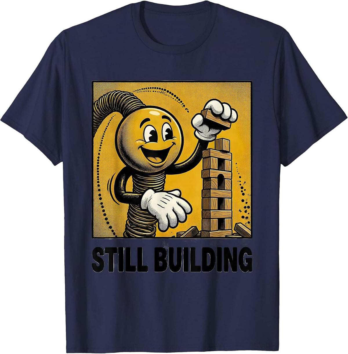 Still Building Retro Cartoon Growth Mindset Teacher T-Shirt - Navy Blue
