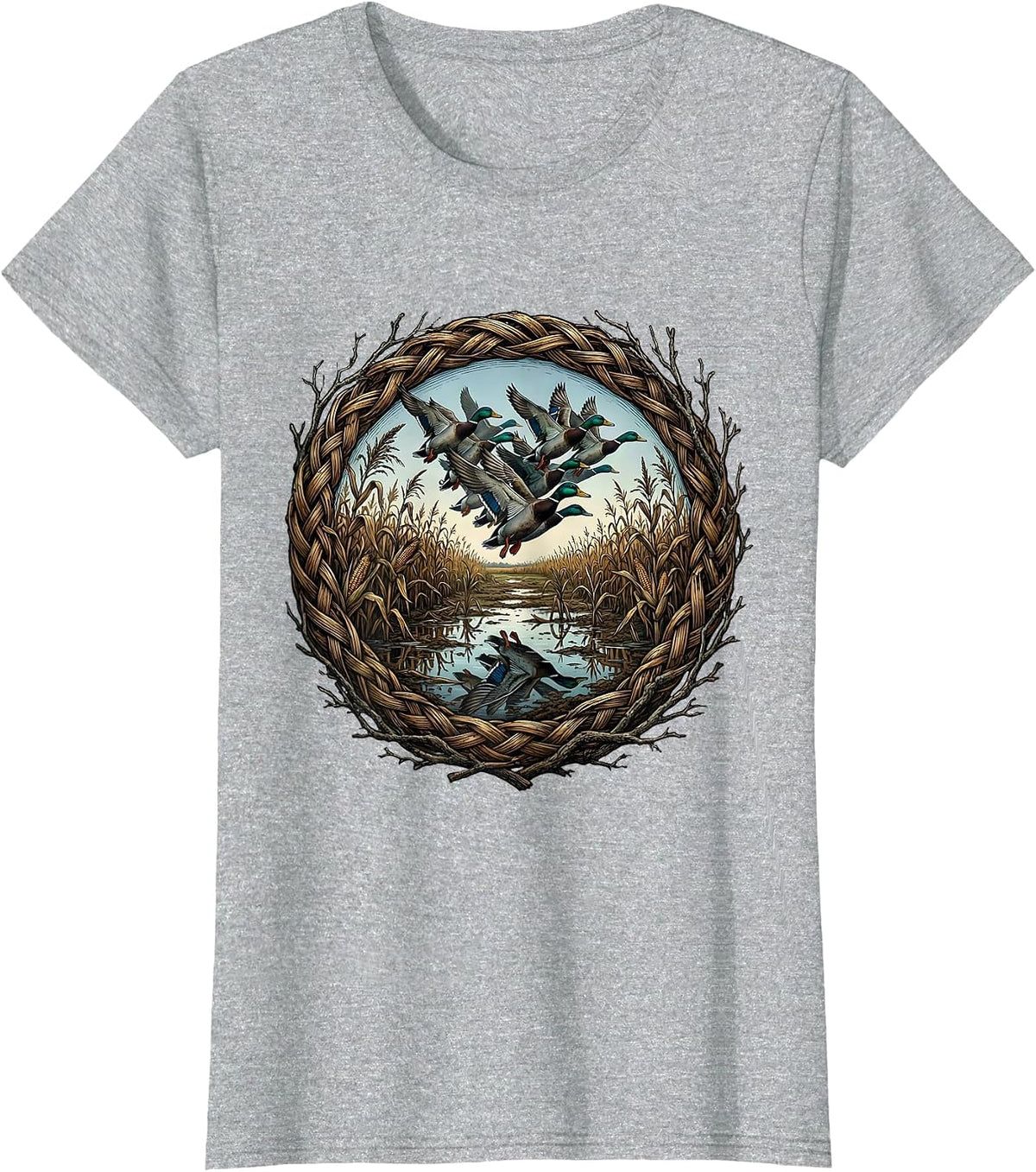 Women's Teal Duck Flooded Cornfield Bottomland Camo T-Shirt - Heather Grey