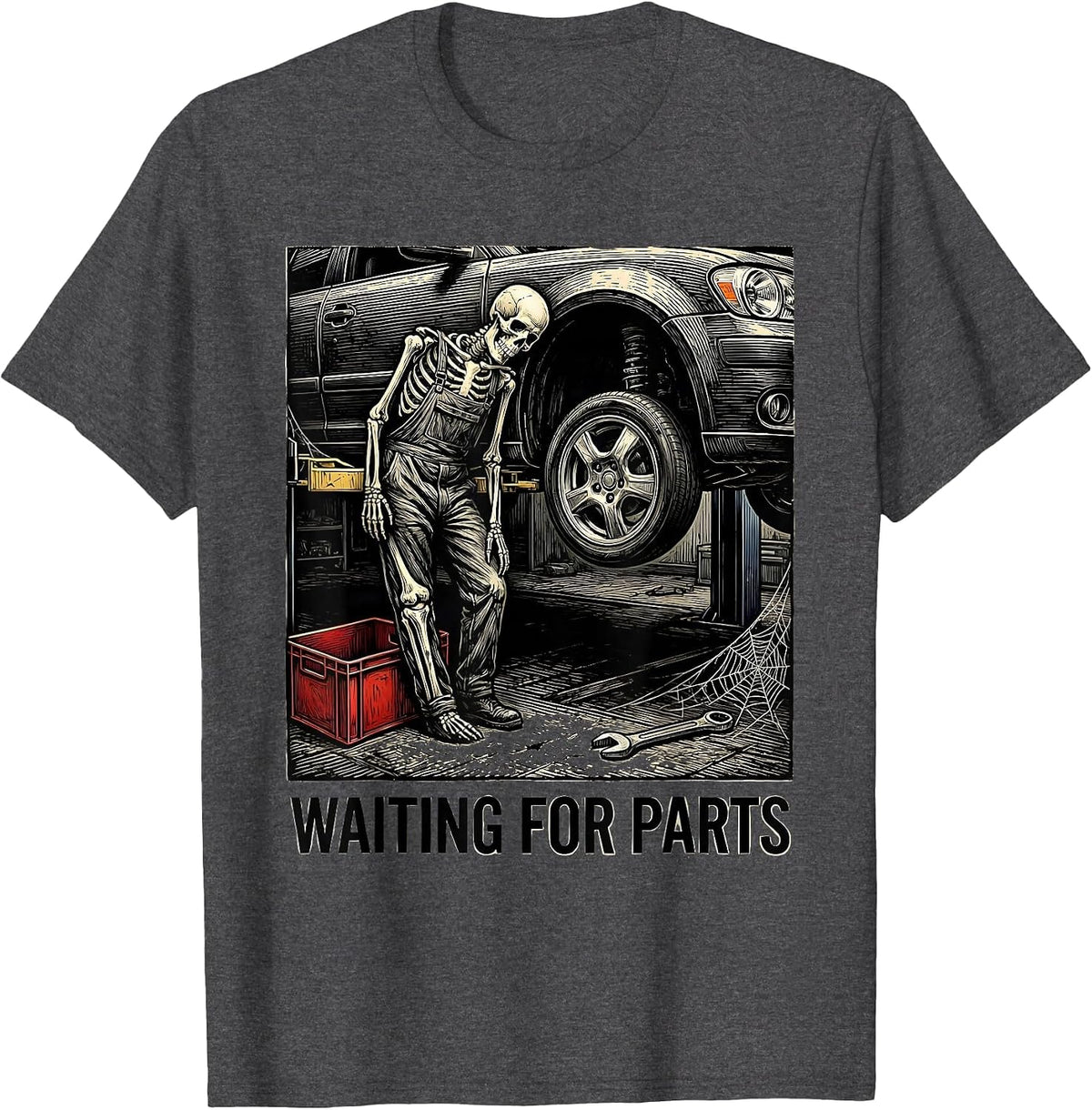 Men's Waiting For Parts Funny Mechanic Skeleton Auto Repair Humor T-Shirt - Dark Heather Grey