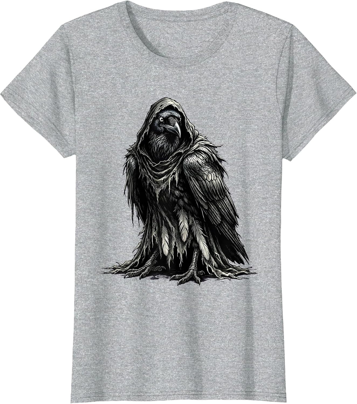 Women's Cawf Crow Hooded Cloak Illustration T-Shirt - Heather Grey