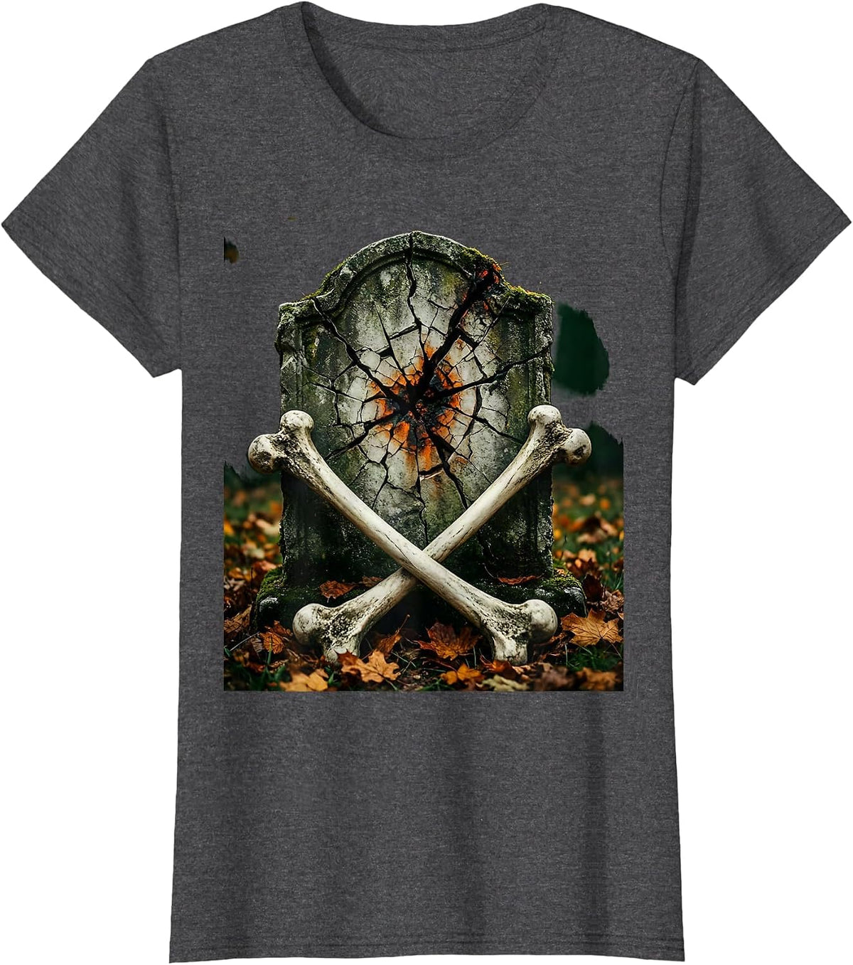 Women's Vintage Halloween Cracked Tombstone Crossed Bones T-Shirt - Dark Heather Grey