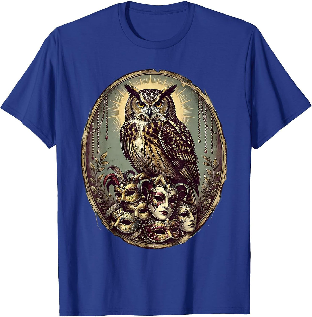 Mardi Gras Owl on a Stack of Festive Masks T-Shirt - Royal Blue
