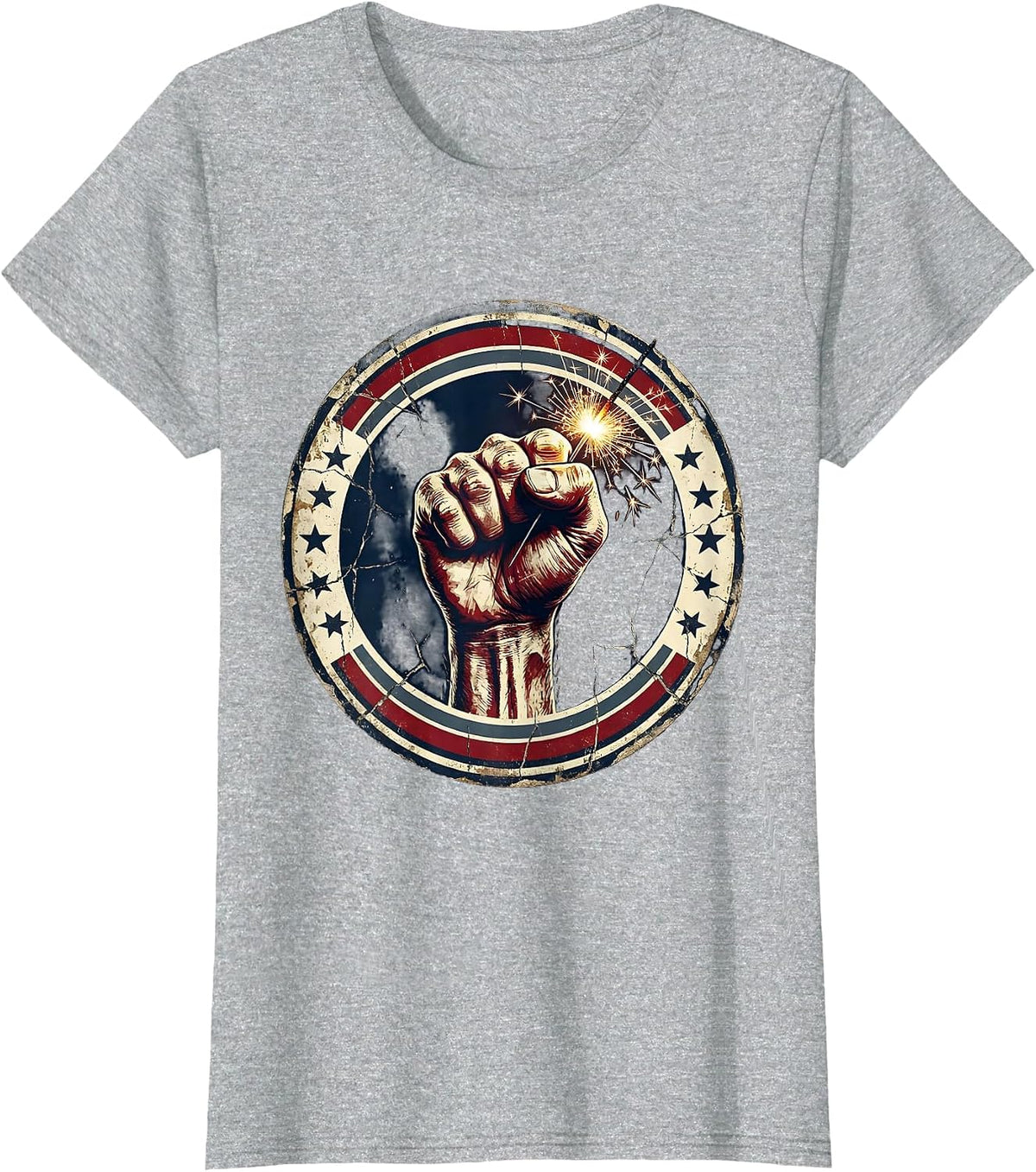 Raised Fist Sparkler Firework Patriotic Design T-Shirt - Heather Grey