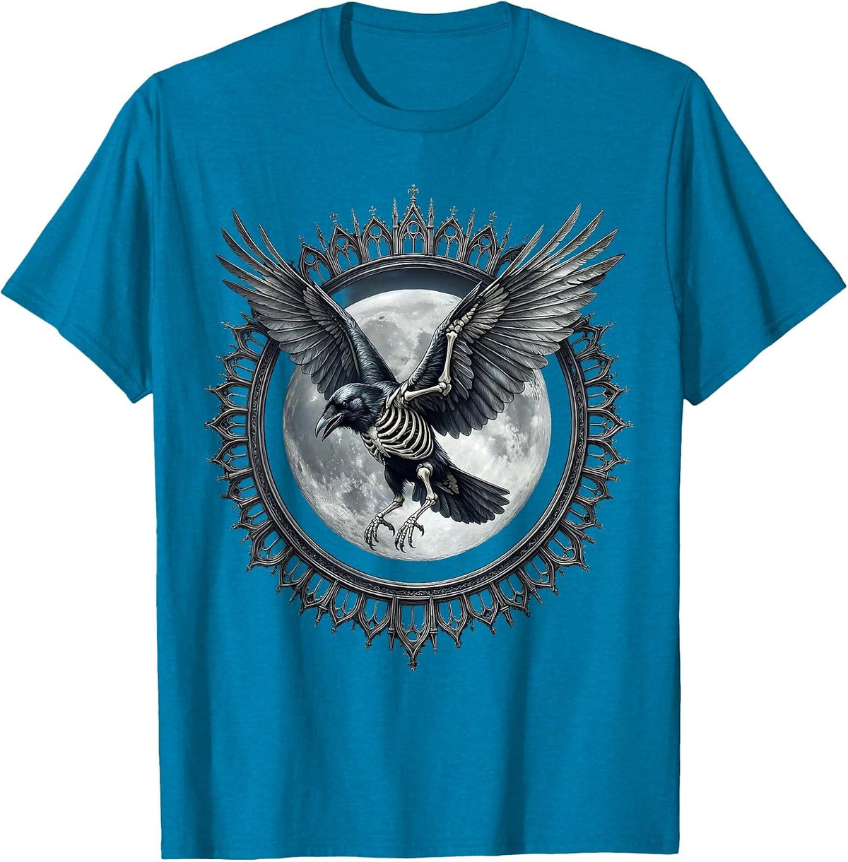 Crow Skeleton Full Moon Flight Gothic Art T-Shirt - Sapphire Blue