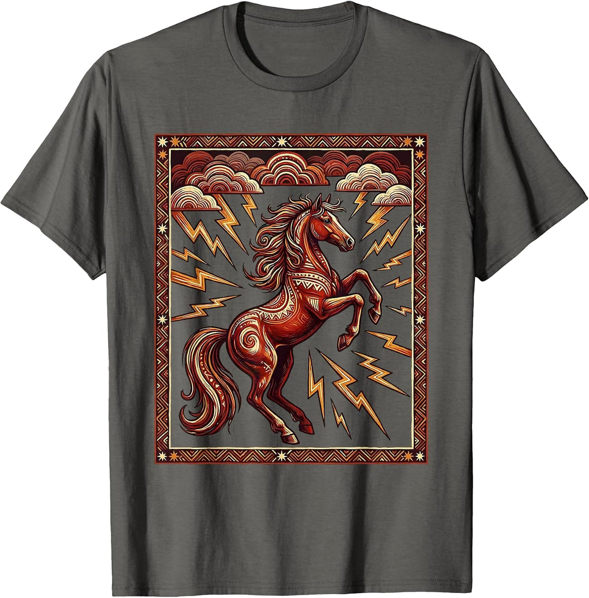 Rearing Horse Lightning Storm Western Graphic T-Shirt - Asphalt Grey