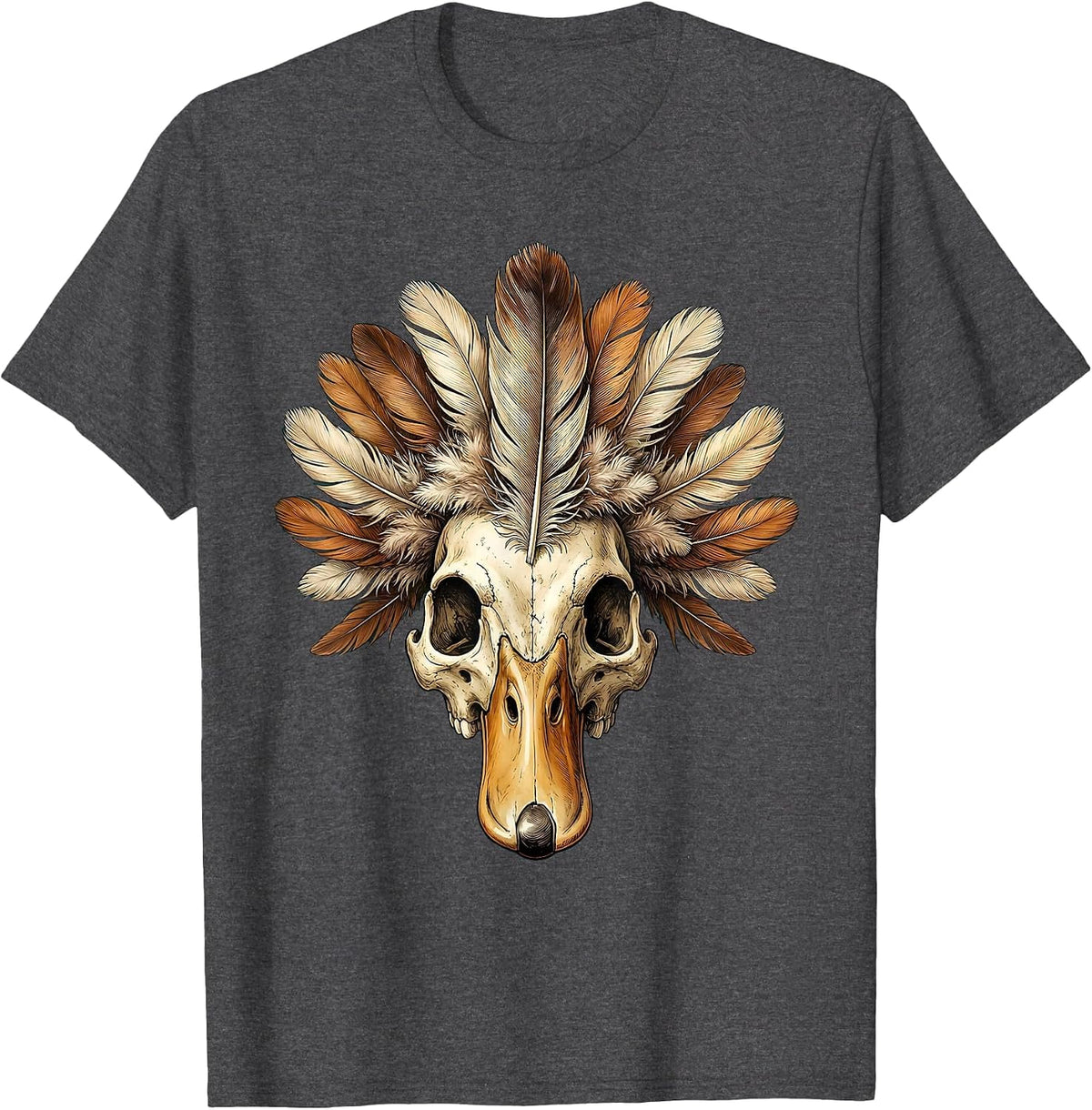 Duck Skull Feather Crown Gothic Nature Art T-Shirt - Dark Heather Grey