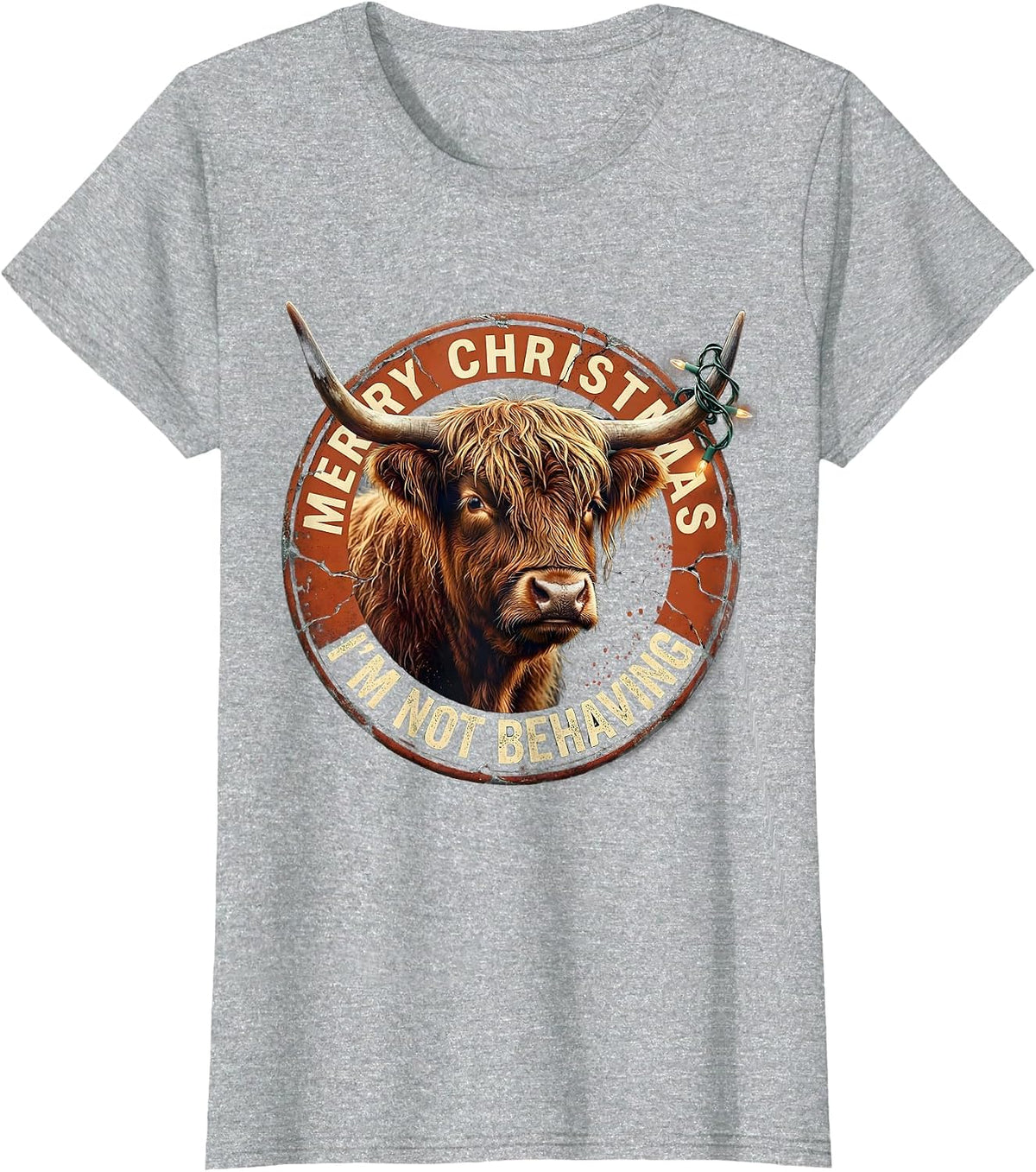 Women's Merry Christmas, I'm Not Behaving Distressed Highland Cow T-Shirt - Heather Grey
