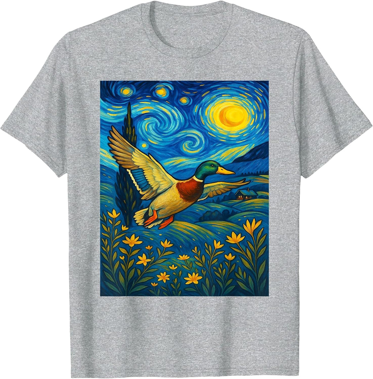 Starry Night Mallard Duck Van Gogh Style Hunting Farmer Farm T-Shirt - Heather Grey